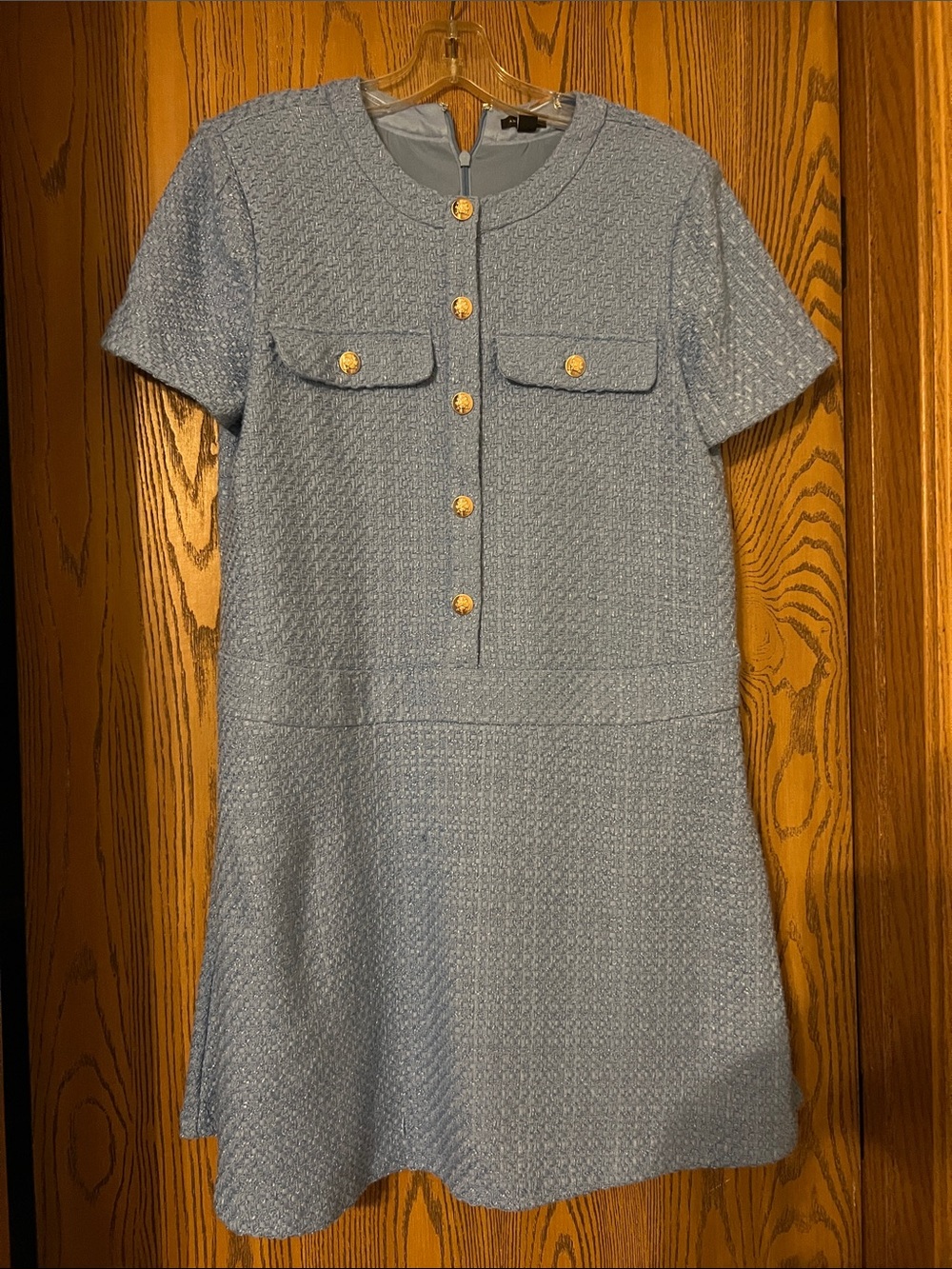 Ann Taylor Light Blue Tweed Short-Sleeve Shift Dress with Silver Buttons
